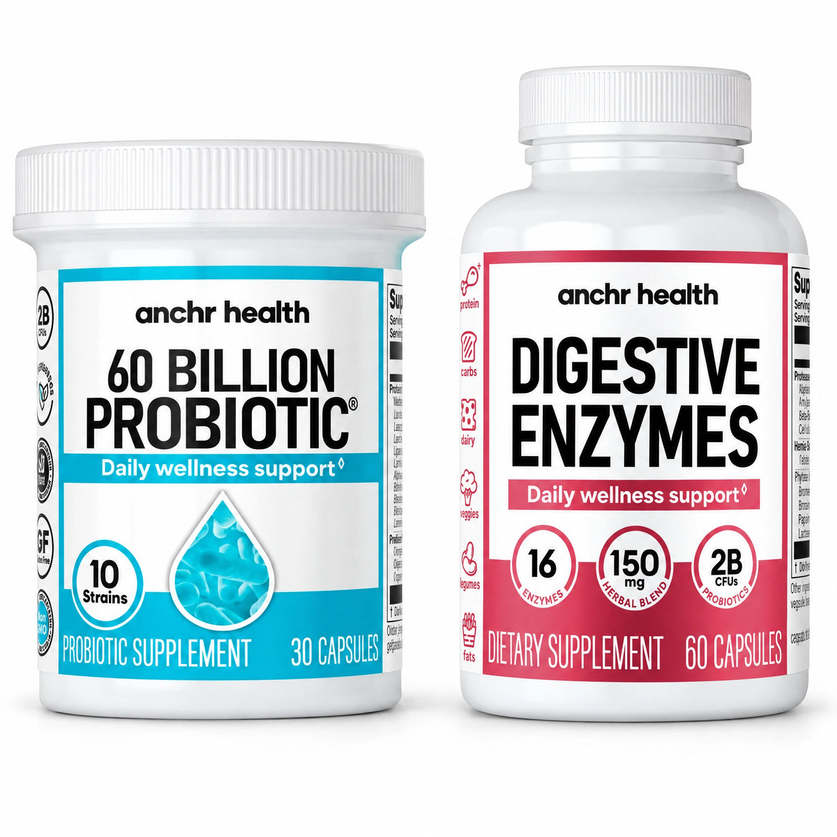 Anchr Digestive Enzymes and 60 Billion Probiotic bottles