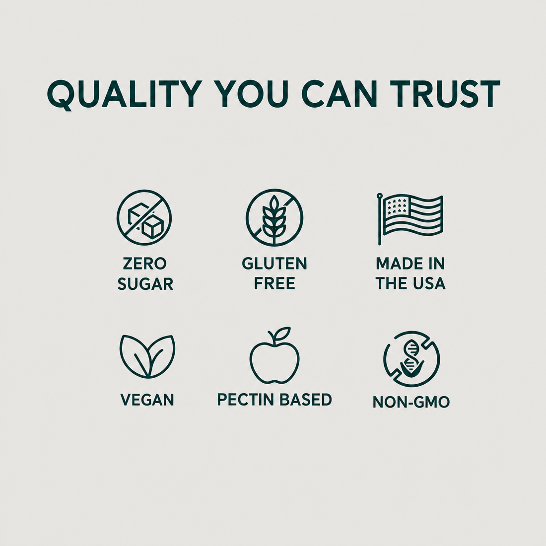 Quality you can trust: zero sugar, gluten free, made in the USA, vegan, pectin based, non-GMO