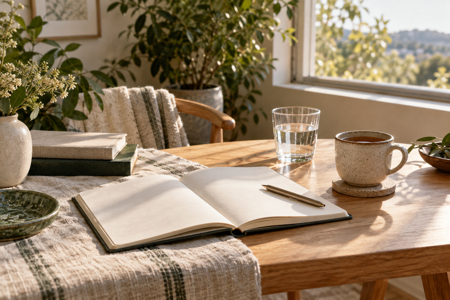 An open notebook, glass of water and ceramic cup of tea on a sunlit table.