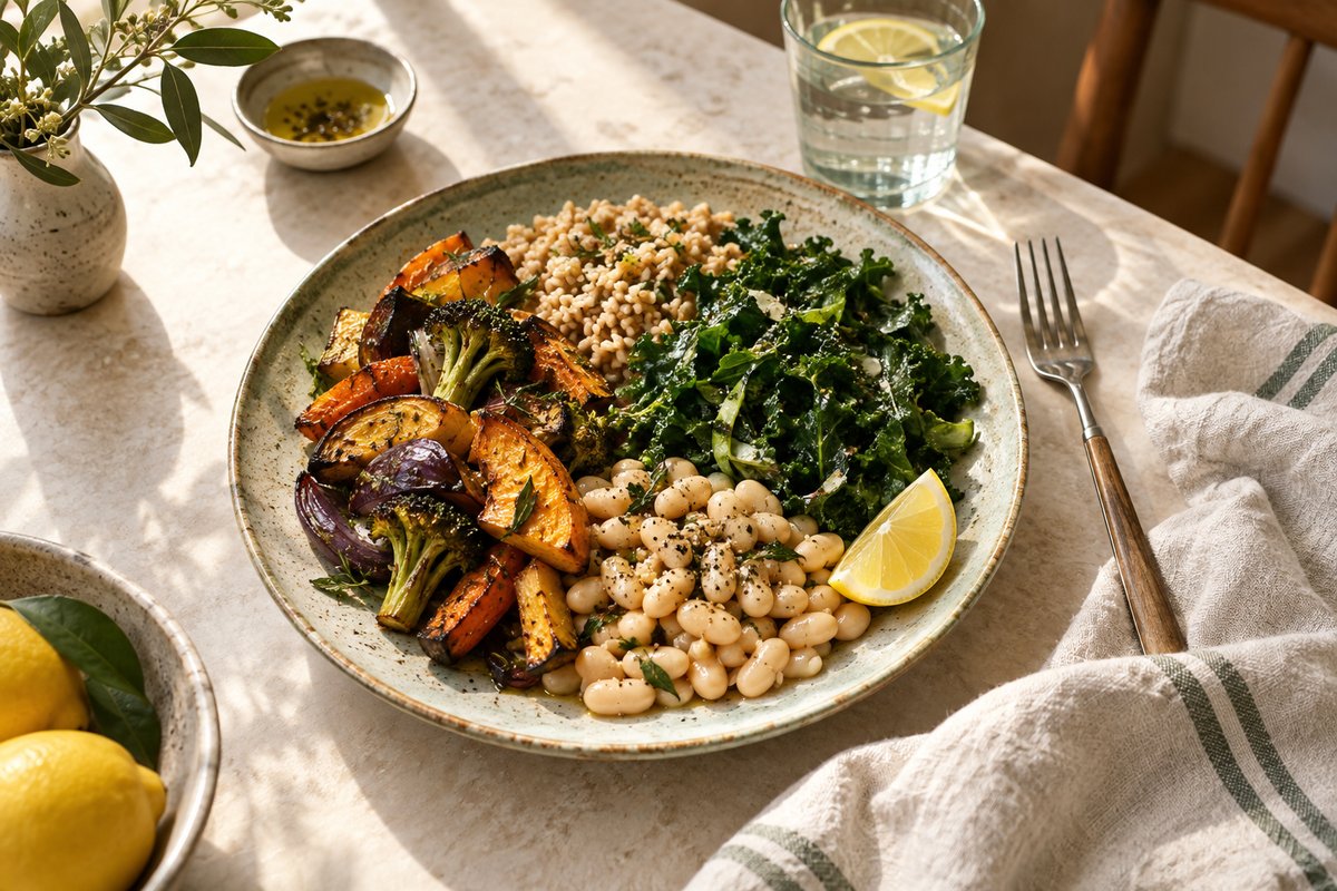 A ceramic plate of roasted vegetables, whole grains, white beans and leafy greens.
