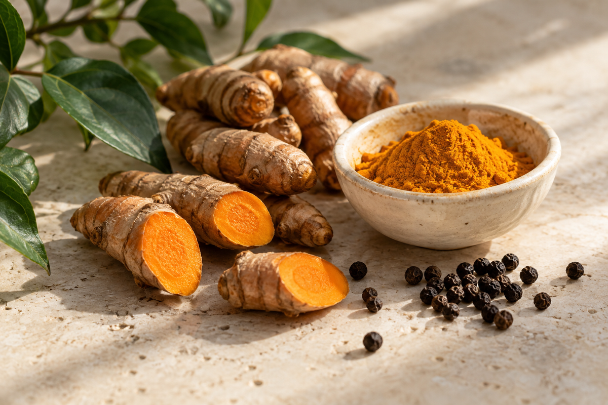 Fresh turmeric roots, turmeric powder and black peppercorns on an ivory stone surface.