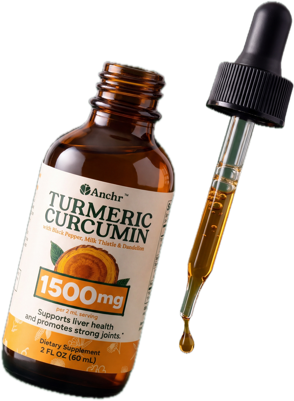 Anchr Turmeric Herbal Drops, open bottle with the dropper lifted and a drop falling