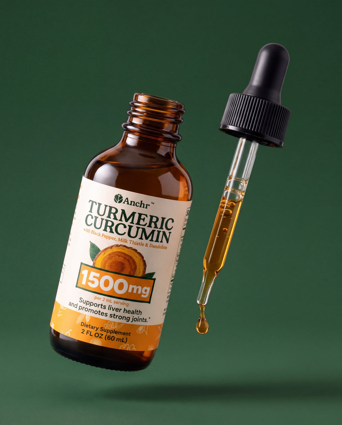 Anchr Turmeric Herbal Drops, open amber bottle with the dropper lifted