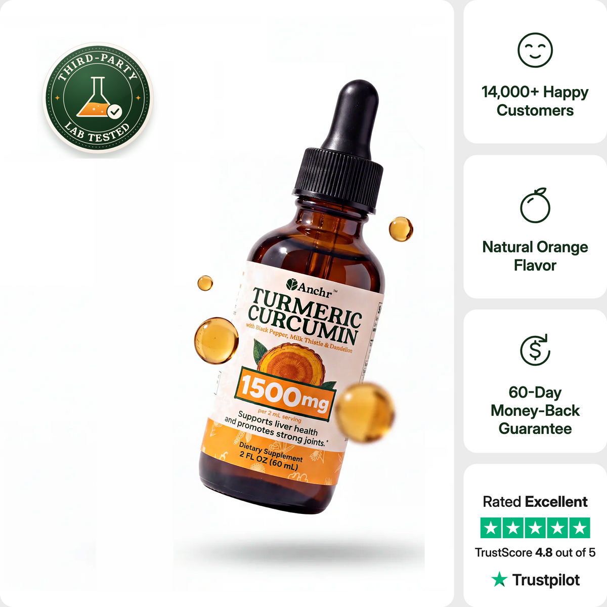 Turmeric Herbal Drops (1500mg) by Anchr, 2 fl oz amber dropper bottle with third-party lab tested seal, natural orange flavor and 60-day money-back guarantee