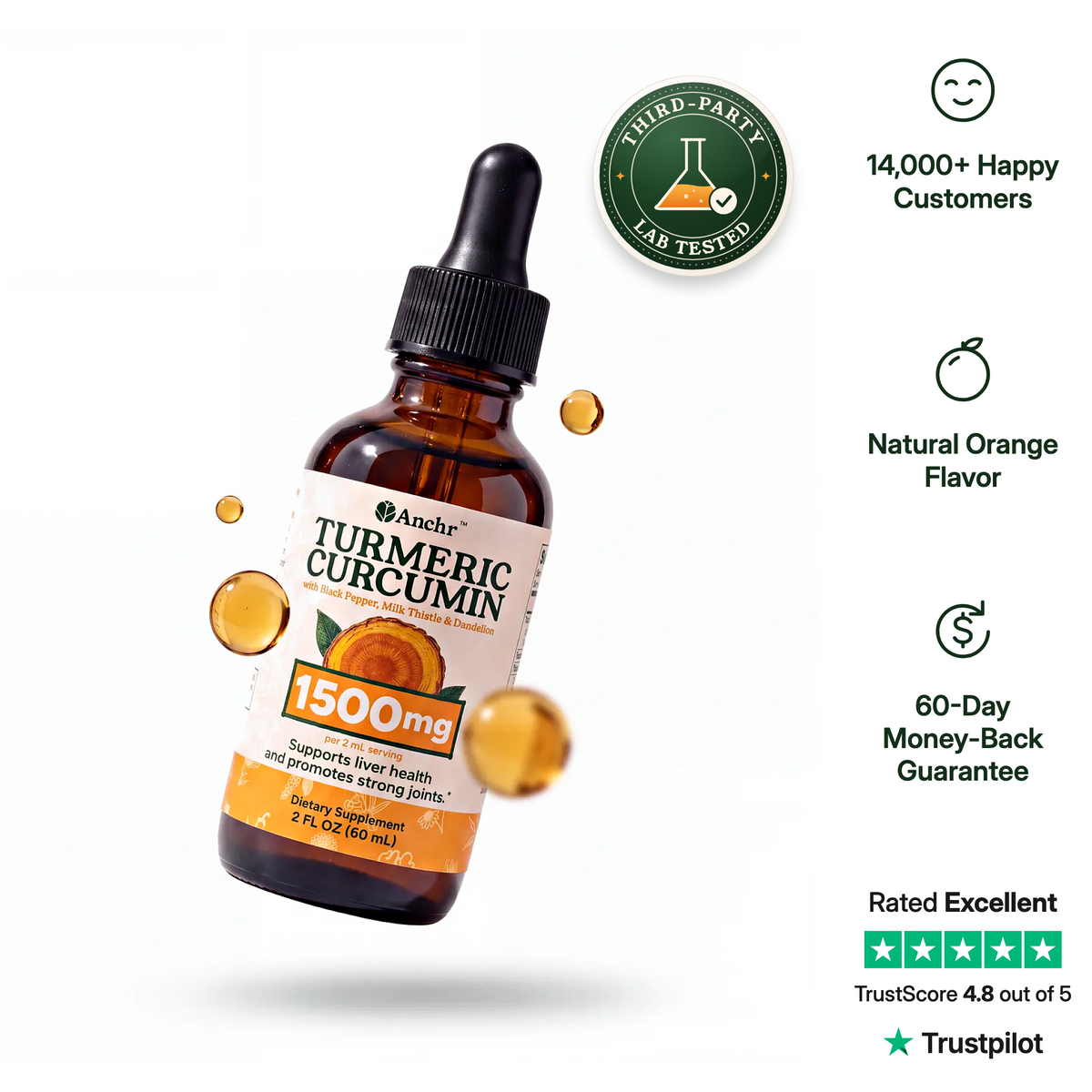 Complete Liver Support Drops (1500mg) by Anchr, 2 fl oz amber dropper bottle with third-party lab tested seal, natural orange flavor and 60-day money-back guarantee