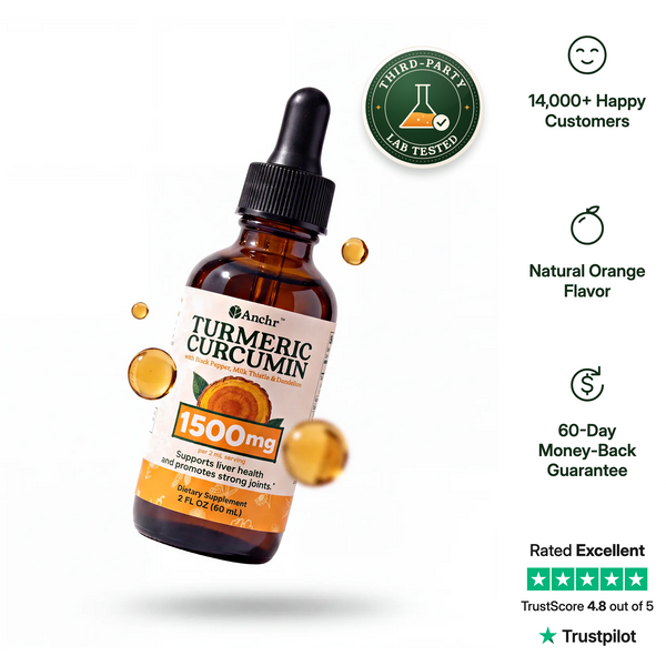 Complete Liver Support Drops (1500mg) by Anchr, 2 fl oz amber dropper bottle with third-party lab tested seal, natural orange flavor and 60-day money-back guarantee