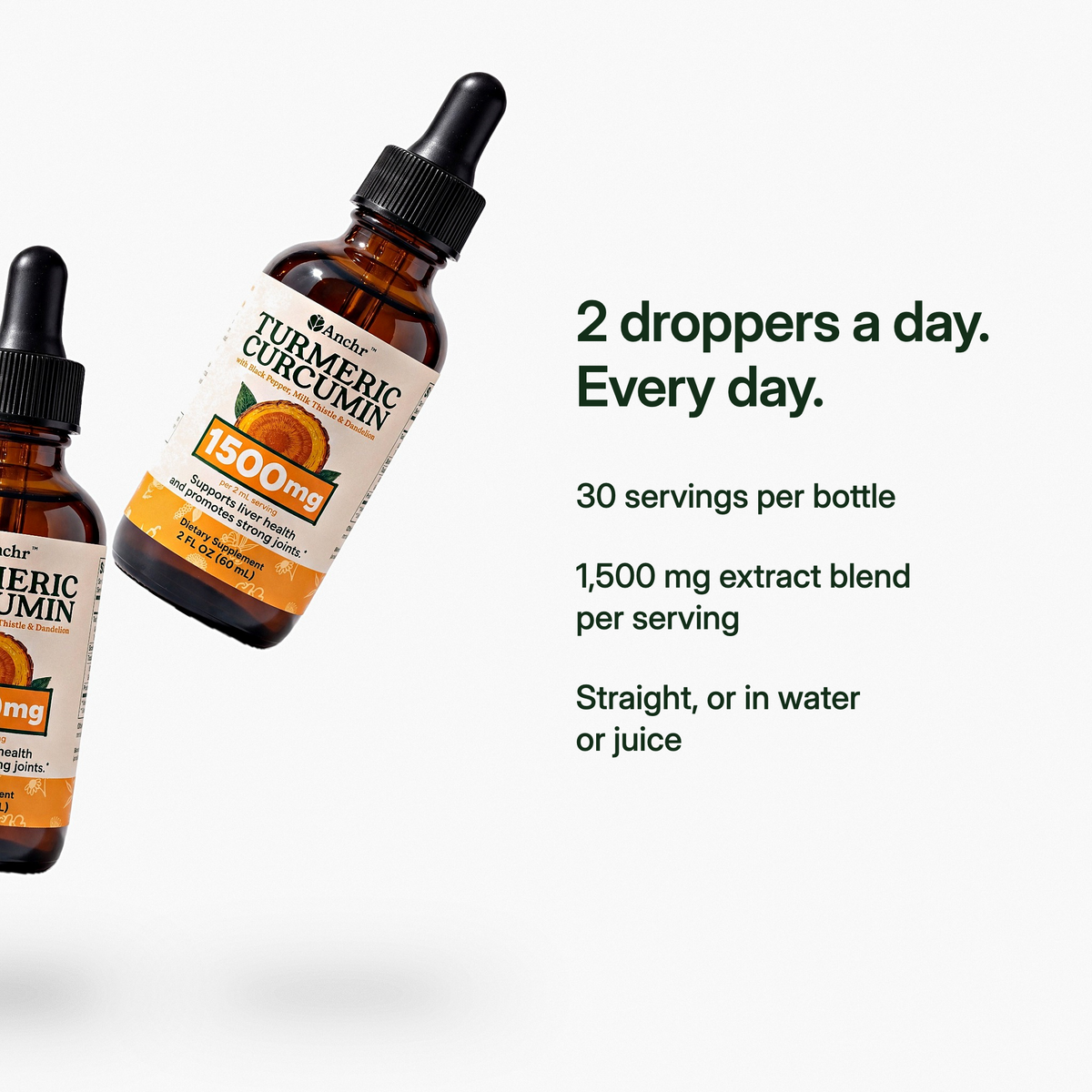 Complete Liver Support Drops (1500mg) directions: 2 droppers a day, 30 servings per bottle, 1,500 mg extract blend per serving, straight or in water or juice