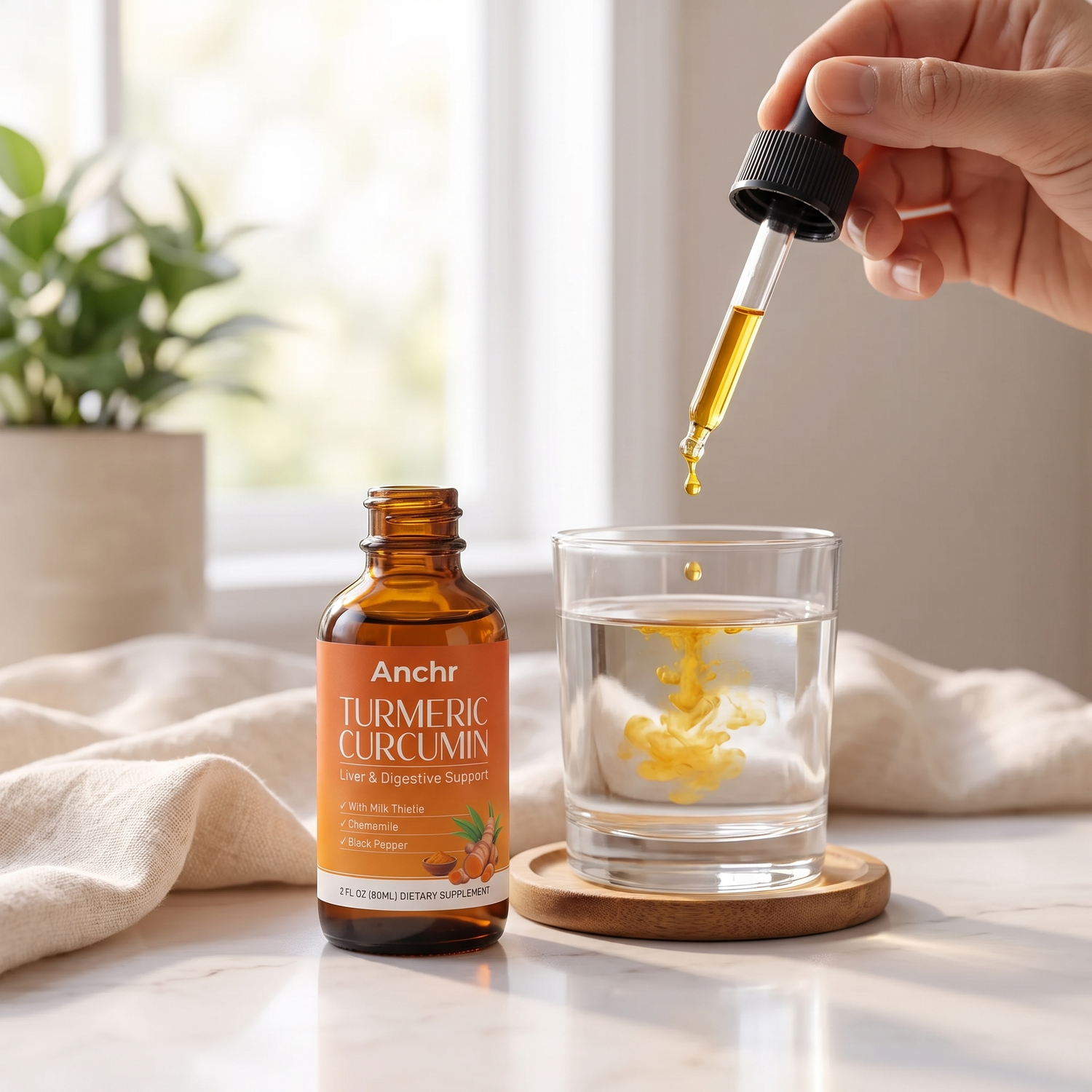 Dropper releasing golden turmeric drops into a glass of water beside the Anchr bottle