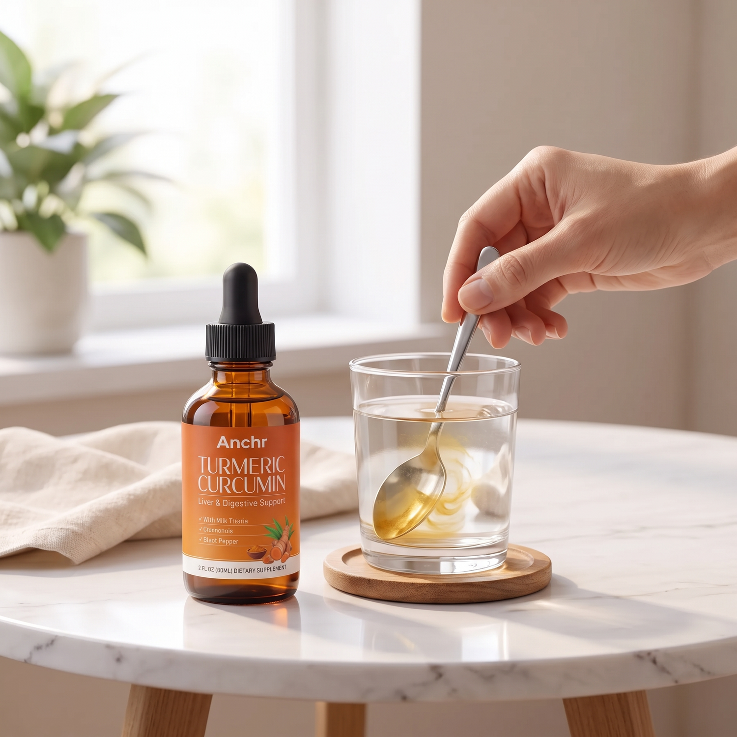 Stirring Anchr turmeric drops into a glass of water