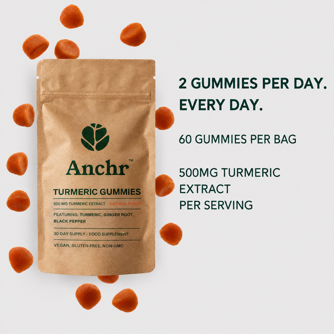 2 gummies per day, 60 gummies per bag, 500mg turmeric extract per serving
