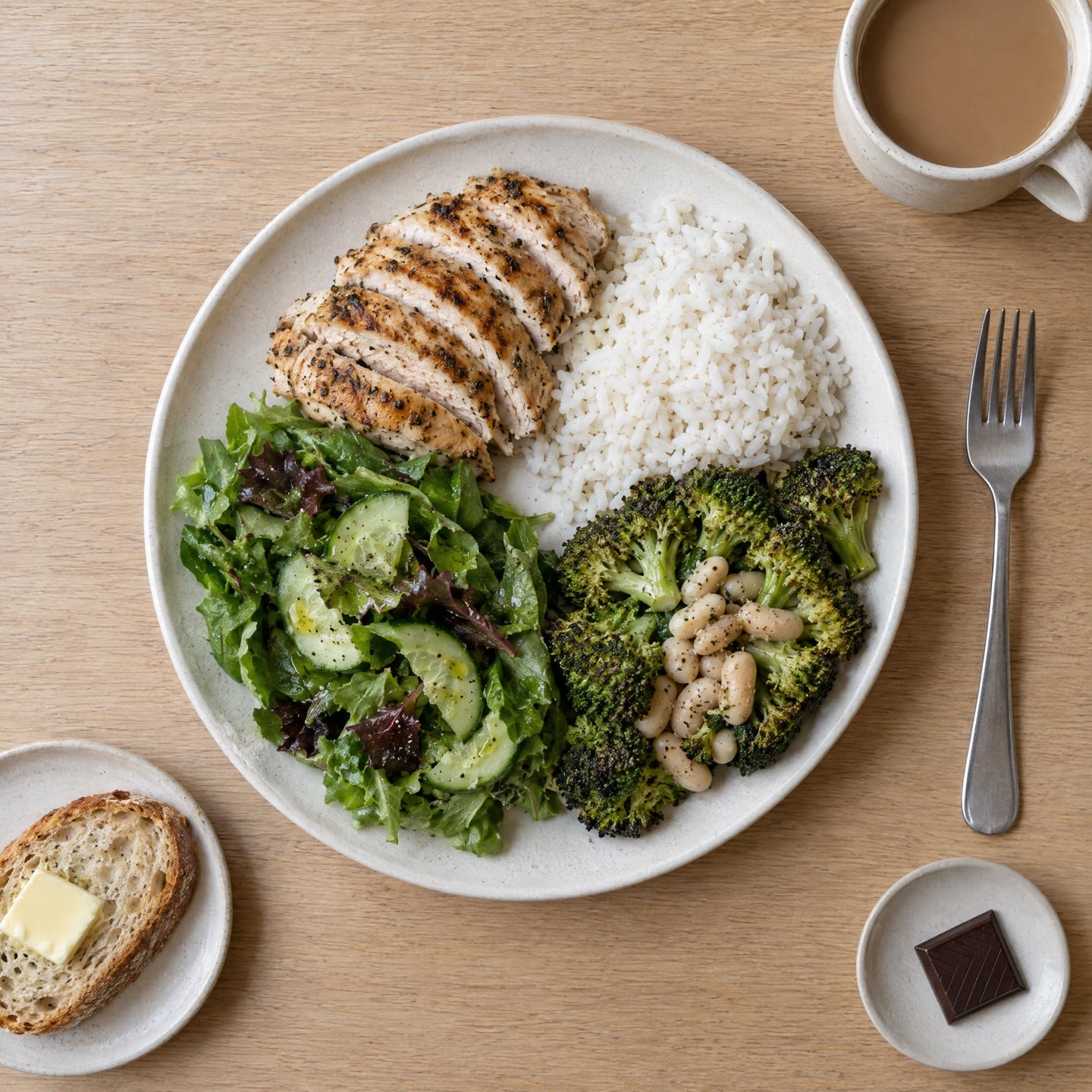 Overhead view of a dinner plate with grilled chicken, rice, broccoli and white beans, and salad, with bread and butter, coffee with milk and a square of chocolate on the side.